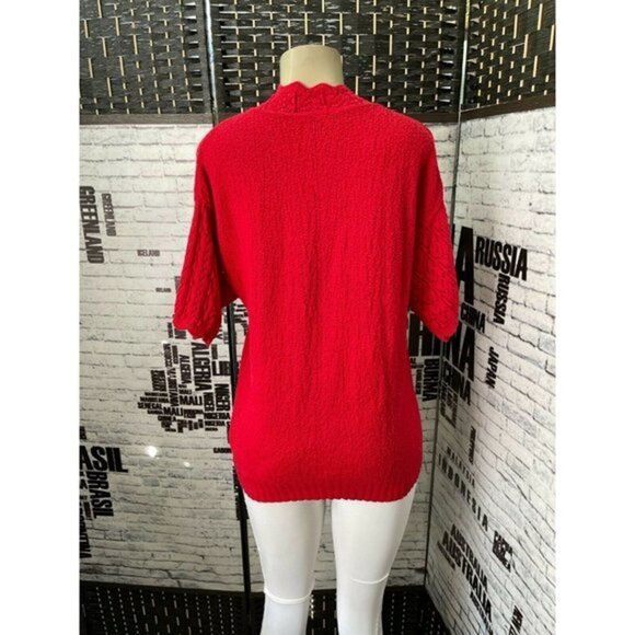 College Point L Red Vintage Textured Cotton Crochet Trim Half Sleeve Sweater - Picture 3 of 5